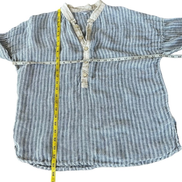 Mastro Moda Italy 100% Linen Stripe Popover Henley Top Blue Ecru Roll Tab Small - Picture 11 of 13